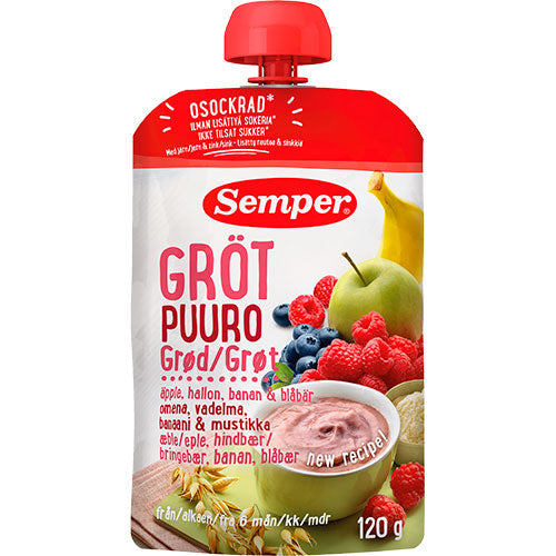 Grøt med eple, bringebær, banan og blåbær fra 6 mnd. fra Semper