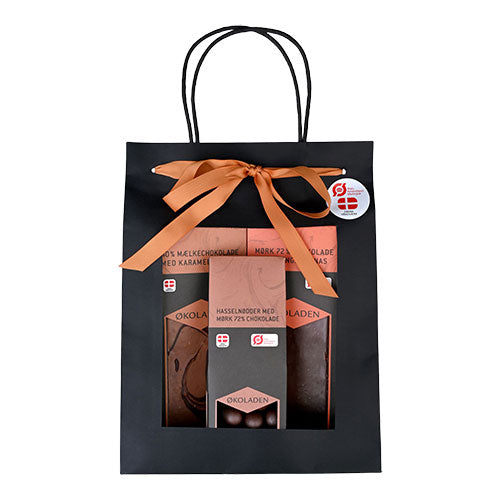 Gourmet Gavepose Oransje Øko med 2 sjokoladeplater samt dragéemandler fra Økoladen