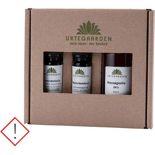 Massasjesett: 10 ml Lavendel, 10 ml Muskelømhet + 100 ml Massasjeolje fra Urtegaarden