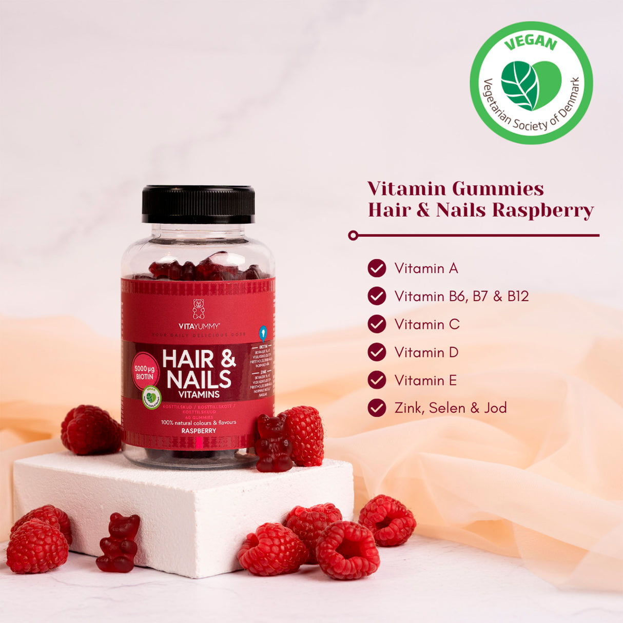 VitaYummy Hair & Nails Raspberry | 60 vingummi
