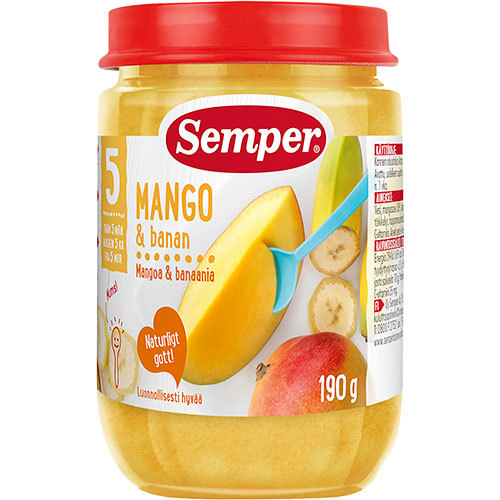 Fruktpuré med mango og banan fra 5 mnd. fra Semper