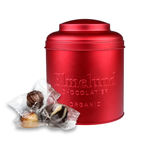 Rød tindåse med fyldte chokolader Ø