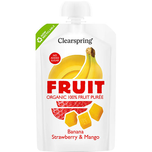 Clearspring Banan, Jordbær & Mango Frugtpuré Ø | 100 gr fra Clearspring