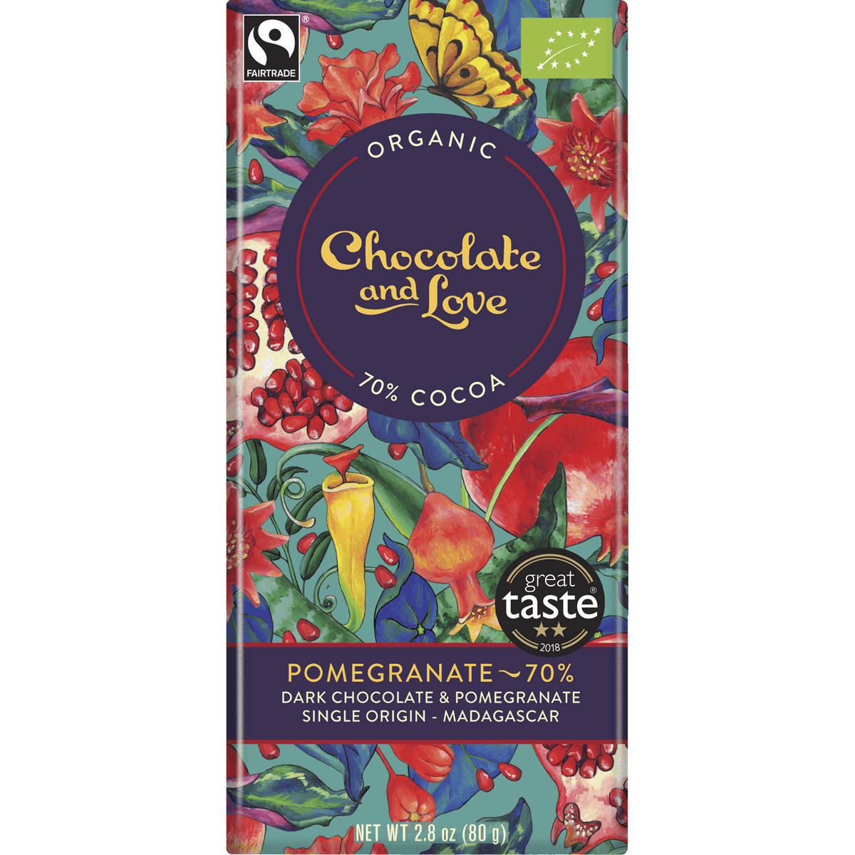 Chocolate and Love Sjokolade Granateple 70% Økologisk fra | 80 g fra Chocolate and Love
