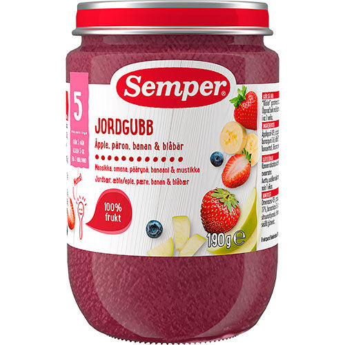 Fruktpuré med jordbær, eple, pære, banan og blåbær fra 5 mnd.