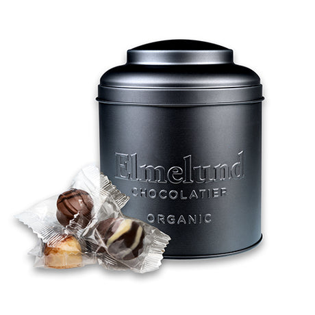 Sort tin dåse med fyldte chokolader Ø