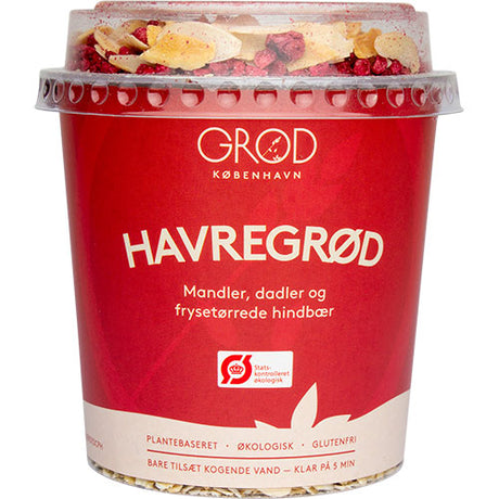 Havregrøt med mandler, frysetørkede bringebær Øko & dadler - Glutenfri