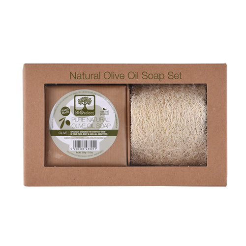 Set Handmade Olive Oil Soap + Raw Loofah fra BIOselect