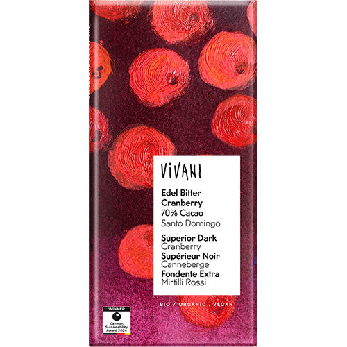 Vivani mørk sjokolade med tranebærbiter 70 % Ø | 80 gr